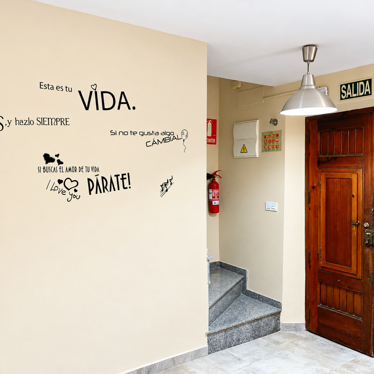 Entrada interior de Casa Rural Bekirent en Bocairent, con escalera, puerta de madera y pared decorada con frases.